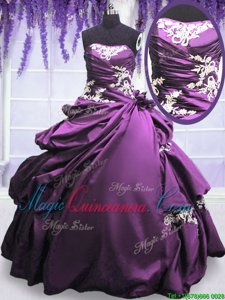 Modest Taffeta Strapless Sleeveless Lace Up Appliques and Pick Ups Ball Gown Prom Dress in Purple