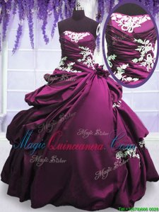 Hot Sale Purple Taffeta Lace Up Vestidos de Quinceanera Sleeveless Floor Length Appliques and Pick Ups