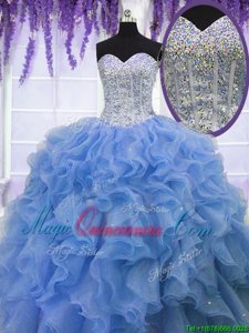 Blue 15th Birthday Dress Military Ball and Sweet 16 and Quinceanera and For with Beading and Ruffles Sweetheart Sleeveless Lace Up