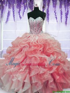 Fantastic Red Organza Lace Up Sweetheart Sleeveless Floor Length Quinceanera Gown Beading and Ruffles