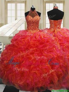 Great Halter Top Sleeveless Floor Length Beading and Ruffles Lace Up Quinceanera Dress with Multi-color