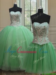 Three Piece Sleeveless Tulle Floor Length Lace Up Sweet 16 Dress in for with Beading