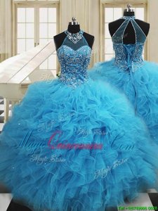 Vintage Scoop Floor Length Ball Gowns Sleeveless Baby Blue Sweet 16 Dress Lace Up