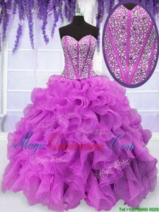 Fuchsia Ball Gowns Beading and Ruffles Quinceanera Dress Lace Up Organza Sleeveless Floor Length