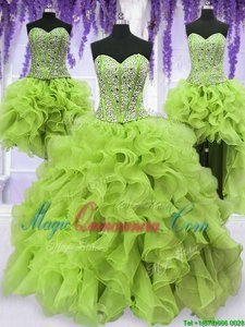 Four Piece Sleeveless Floor Length Beading and Ruffles Lace Up Quinceanera Gowns with Yellow Green