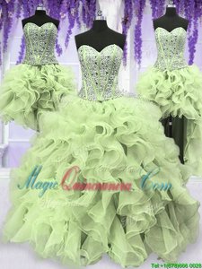 Four Piece Yellow Green Organza Lace Up Sweetheart Sleeveless Floor Length Quinceanera Gowns Ruffles and Sequins