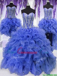 Extravagant Four Piece Sleeveless Lace Up Floor Length Ruffles and Sequins Quinceanera Dress