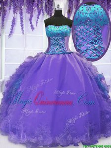 Lavender Lace Up Strapless Embroidery and Ruffles Sweet 16 Quinceanera Dress Organza Sleeveless