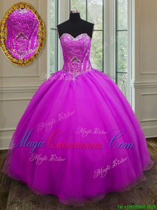 Spectacular Beading 15th Birthday Dress Purple Lace Up Sleeveless Floor Length