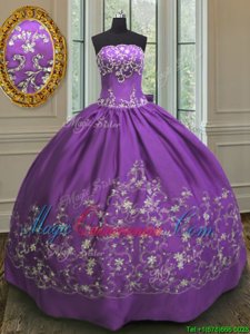 Ball Gowns 15th Birthday Dress Eggplant Purple Strapless Satin Sleeveless Floor Length Lace Up