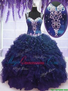 Straps Straps Navy Blue Ball Gowns Beading and Ruffles Quinceanera Gown Zipper Tulle Sleeveless Floor Length