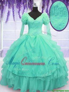 Free and Easy Turquoise Long Sleeves Floor Length Beading and Embroidery and Hand Made Flower Lace Up Sweet 16 Dress