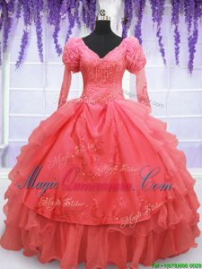 Long Sleeves Floor Length Beading and Embroidery Lace Up Quinceanera Gown with Coral Red