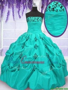 Mermaid Sleeveless Taffeta Floor Length Lace Up Quinceanera Gown in Aqua Blue for with Embroidery and Pick Ups