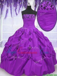 Strapless Sleeveless Taffeta Quince Ball Gowns Embroidery and Pick Ups Lace Up