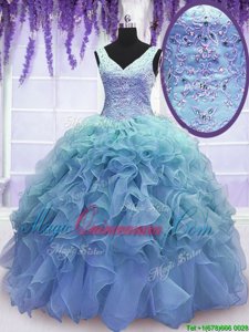 Low Price Sleeveless Floor Length Beading and Embroidery and Ruffles Lace Up Quince Ball Gowns with Blue