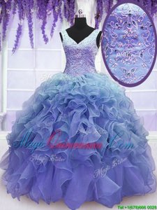 Sleeveless Organza Floor Length Lace Up Sweet 16 Dresses in Purple for with Beading and Embroidery and Ruffles