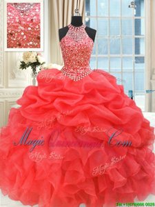 Captivating Coral Red High-neck Lace Up Beading and Pick Ups Sweet 16 Dresses Sleeveless