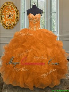 Custom Design Orange Lace Up Sweetheart Beading and Embroidery and Ruffles Quince Ball Gowns Organza Sleeveless