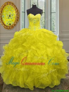 Fancy Yellow Sweetheart Neckline Beading and Embroidery and Ruffles Ball Gown Prom Dress Sleeveless Lace Up