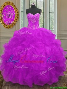 Organza Sweetheart Sleeveless Lace Up Beading and Embroidery and Ruffles Sweet 16 Dress in Purple