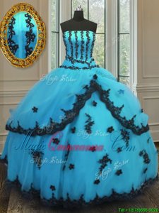 Aqua Blue Sleeveless Tulle Lace Up Quince Ball Gowns for Military Ball and Sweet 16 and Quinceanera