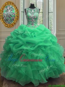 Nice Scoop Sleeveless Organza Floor Length Lace Up 15 Quinceanera Dress in Green for with Beading and Ruffles