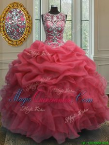 Scoop Floor Length Coral Red 15th Birthday Dress Organza Sleeveless Beading and Ruffles and Pick Ups