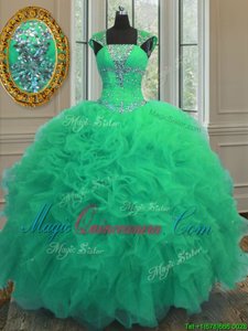 Best Selling Straps Straps Floor Length Turquoise Quinceanera Dresses Organza Cap Sleeves Beading and Ruffles and Sequins