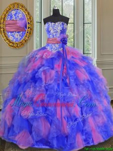 Beading and Appliques and Ruffles and Sashes|ribbons and Hand Made Flower Quinceanera Gowns Multi-color Lace Up Sleeveless Floor Length