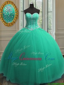 Edgy Floor Length Lace Up Quinceanera Dress Turquoise and In for Military Ball and Sweet 16 and Quinceanera with Beading and Sequins