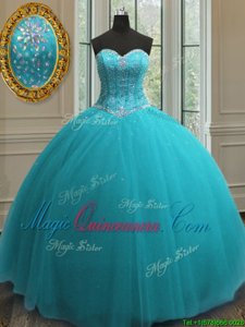 Cheap Aqua Blue Ball Gowns Sweetheart Sleeveless Tulle Floor Length Lace Up Beading Quince Ball Gowns