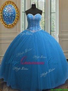 Sequins Blue Sleeveless Tulle Lace Up Vestidos de Quinceanera for Military Ball and Sweet 16 and Quinceanera