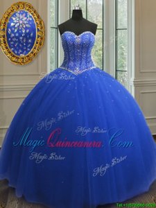 Royal Blue Lace Up Sweetheart Beading and Sequins 15 Quinceanera Dress Tulle Sleeveless