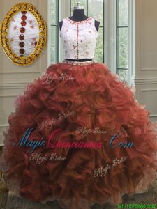 Rust Red Quinceanera Dress Military Ball and Sweet 16 and Quinceanera and For with Appliques and Ruffles Scoop Sleeveless Clasp Handle