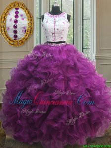 Scoop Fuchsia Ball Gowns Appliques and Ruffles 15th Birthday Dress Clasp Handle Organza Sleeveless Floor Length