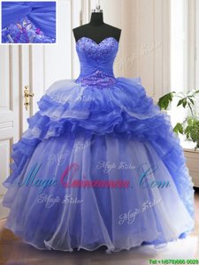 Sumptuous Blue 15th Birthday Dress Military Ball and Sweet 16 and Quinceanera and For with Beading and Ruffled Layers Sweetheart Sleeveless Court Train Lace Up