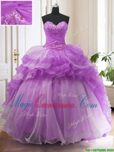 Flirting Organza Sleeveless Ball Gown Prom Dress Sweep Train and Beading and Ruffled Layers