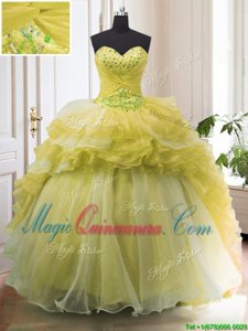 Light Yellow Organza Lace Up Sweetheart Sleeveless With Train 15th Birthday Dress Court Train Beading and Ruffled Layers