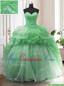 Green Sleeveless Beading and Ruffled Layers Lace Up 15 Quinceanera Dress