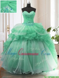 Apple Green Organza Lace Up Sweetheart Sleeveless With Train 15 Quinceanera Dress Sweep Train Beading