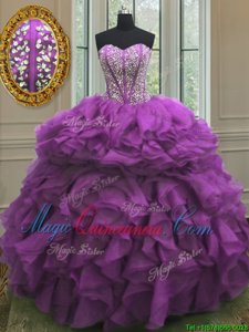 Purple Ball Gowns Organza Sweetheart Sleeveless Beading and Ruffles Floor Length Lace Up Quince Ball Gowns