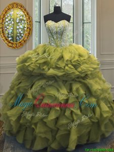 Sweetheart Sleeveless Quinceanera Dress Floor Length Beading and Ruffles Olive Green Organza