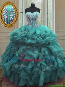 Edgy Organza Sweetheart Sleeveless Lace Up Beading and Ruffles Sweet 16 Dress in Turquoise