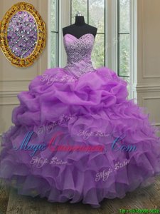 Shining Pick Ups Lavender Sleeveless Organza Lace Up 15 Quinceanera Dress for Military Ball and Sweet 16 and Quinceanera