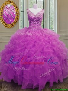 Attractive V-neck Sleeveless Organza 15 Quinceanera Dress Beading and Ruffles Zipper