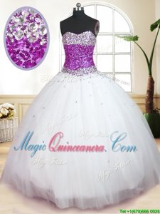 White Ball Gowns Sweetheart Sleeveless Tulle Floor Length Lace Up Beading 15th Birthday Dress