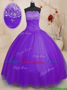 Strapless Sleeveless Tulle Quinceanera Gown Beading Lace Up