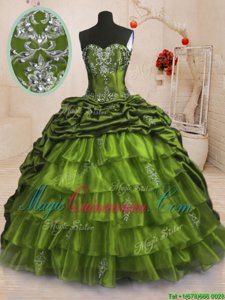 High Quality Pick Ups Ruffled Sweetheart Sleeveless Sweep Train Lace Up Quinceanera Gown Olive Green Organza and Taffeta