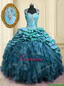 Extravagant Teal Organza and Taffeta Lace Up Sweetheart Cap Sleeves With Train Quince Ball Gowns Brush Train Beading and Ruffles and Pick Ups